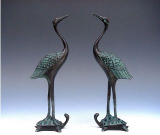 Vintage Pair Bronze Crafted Sculptures Crane Standing On Turtle
