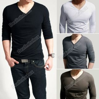 Mens Comfort Lycra Deep V Neck Long Sleeves T Shirt Tunic Button Tops 