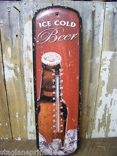 Vintage Look Tin Ice Cold Beer Metal Thermometer Inside/Outside 