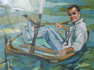 Corinne West Hartley framed oil painting of a Man in a Small Sailboat 