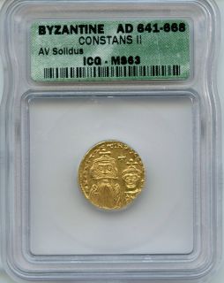 Byzantine Gold CoinAD 641 668 CONSTANS II AV SOLIDUS MS 63 ICG