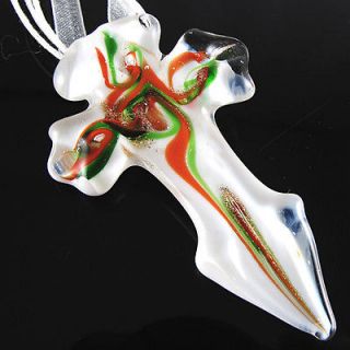   Cross Sword Lampwork Murano Art Glass Pendant Ribbon Necklace Cords