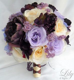 17pcs Wedding Bridal Bouquet Set Decoration Package Flower PLUM 