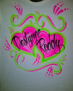   Pink & Lime Green Hearts w/ Couples Name Airbrush sz S M L XL Shirt