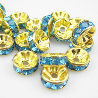 NEW jewelry 100pcs 8MM Plated gold crystal spacer beads lake blue