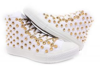 NEW GOLD CONE STUD CONVERSE HIGH WITH CUSTOM DESIGN ALL WHITES 
