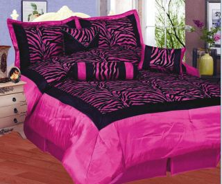 King ZEBRA Bedding Black Hot Pink Flock Satin Comforter Set