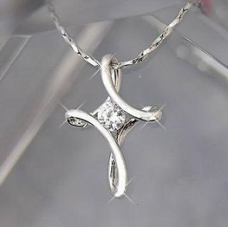 New 18K White Gold GP CZ Crystal rhinestone Infinity Cross Necklace KN 