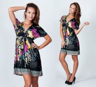 NEW Womens Versatile Floral Black Kaftan Kimono Summer Top Mini Dress 