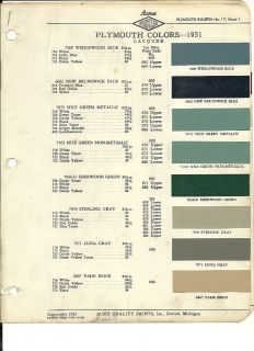 1951 PLYMOUTH Paint Sample COLOR CHIP CHART Brochure: Acme