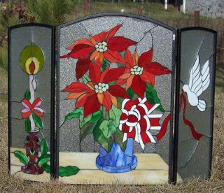   STAINED GLASS POINSETTIA/CHR​ISTMAS FIREPLACE SCREEN 3 PANELS Must C
