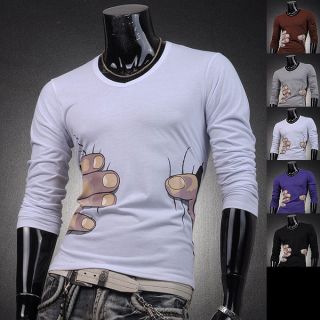 Designer Mens T Shirts Top Tee V Neck Slim Fit Long Sleeve Hand S M L 
