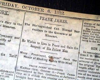   MI Newspaper Outlaw Cut throat FRANK JAMES Jesse Gang SURRENDERS