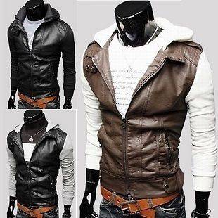 New fashion Knitted sleeve Slim leather hooded men leather jacket 3 