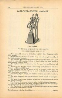 1896 AD The Boss Improved Power Hammer Blacksmith Die Maker Work