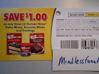 12) $1.00 Any 3 Duncan Hines Cake, Frosting, Brownie Coupons, x1/31/13 