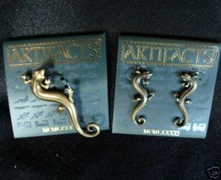   Salamander Lizard Brass Pin & Earring Set  signed JJ Jonette Jewelry