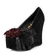 Ellie Shoes   4.5 Black Feather Accent Flower Wedge High Heel Shoe 
