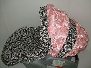   WHITE DAMASK/ROSETTE CANOPY/RUFFLED INFANT CAR SEAT COVER/Evenflo fit