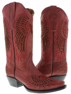 Womens ladies red leather sequins cowboy boots western riding biker 