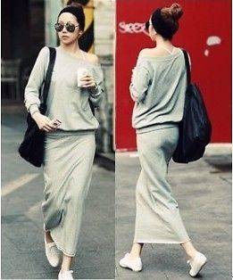 new Fall leisure Women Boat Neck Top Long Skirt Sweat Suits 2PC Gray 