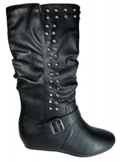 Wild Diva Women Casual Flat Boots Black Army Metal Studded Spikes 