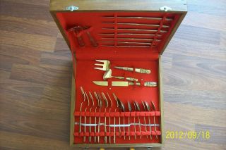 Vintage All BRASS Flatware 29 Pieces   Wood Box Signed THAILAND