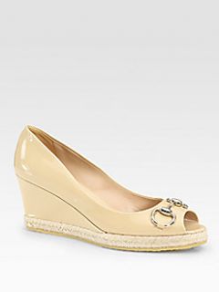 Gucci   Charlotte Patent Leather Peep Toe Wedge Pumps