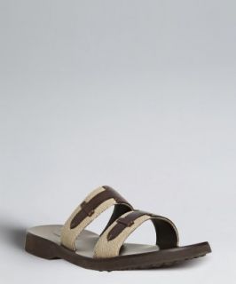 Tods  dark brown leather and canvas interlocking strap sandals 