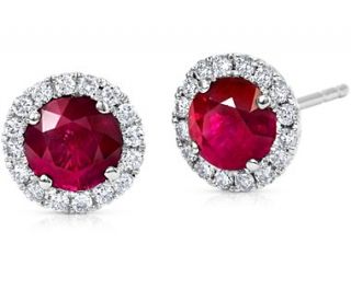 Ruby and Micropavé Diamond Earrings in 18k White Gold (5mm)  Blue 