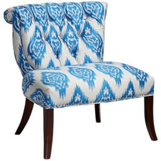 Blue and white Ikat upholstery. Espresso finish legs. 32 wide. 30 