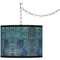 Swag Style Aqua Fractals Giclee Shade Plug In Chandelier