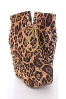 Brown Leopard Print Faux Suede Spike Studded Bootie Wedges 