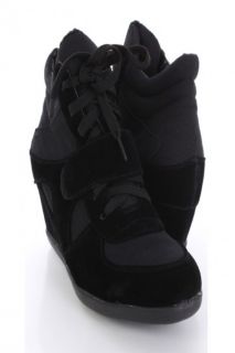 Black Smooth Velvet Canvas Lace Up Sneaker Wedges @ Amiclubwear Wedges 