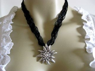 German Dirndl black voile necklace 3D Edelweiss Swarovski crystals 
