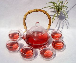 800ml Glass Teapot + 6 Glass cups, Bamboo Handle, B046