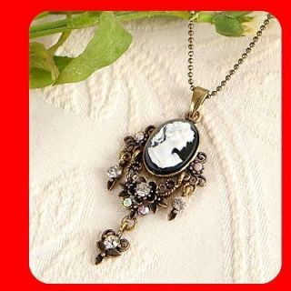 White Crystal Vintage ST Antique Gold GP CAMEO pendant necklace n1468