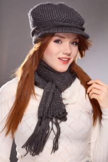 Charcoal Knitted Ruched Center Small Brim Beanie Matching Scarf Set 