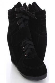 Black Smooth Faux Suede Lace Up Ankle Sneaker Wedges @ Amiclubwear 