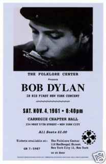 Folk Rock Bob Dylan New York Carnegie Hall Concert Poster Circa 1961