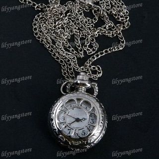   Silver Flower Hollow Round Quartz Pocket Watch Necklace Chain Pendant