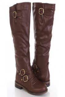 Home / Brown Faux Leather Buckle Strap Closed Toe Knee High Flat 