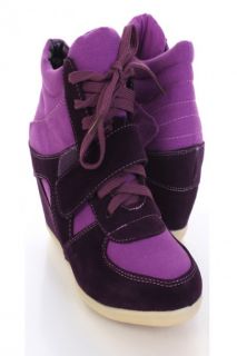Purple Smooth Velvet Canvas Lace Up Sneaker Wedges @ Amiclubwear 
