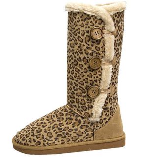 Womens Leopard Print Faux Fur Snow Winter Boots with Buttons