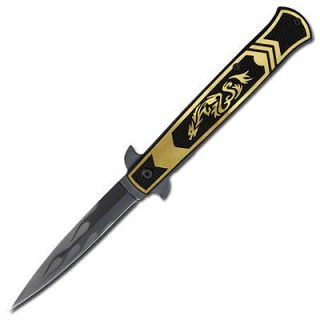 Gold Dragon Spring Assisted Knife With Flame Design