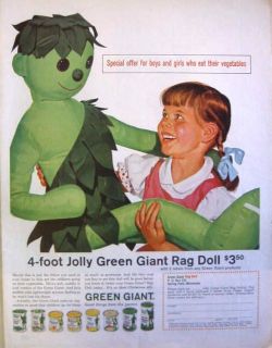 1962 JOLLY GREEN GIANT 4 FOOT RAG DOLL $3.50 PRINT AD