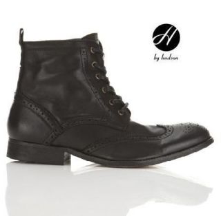 By Hudson Angus Mens Black Leather Brogue Boot