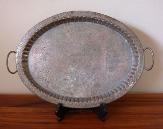 Large Vintage Solid Copper Hammered Handled Platter w/ Silver Wash 
