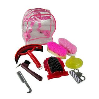 Horse Grooming Kit with Bag Brush Hoof Pick Combs Pink YY9006 Barn 