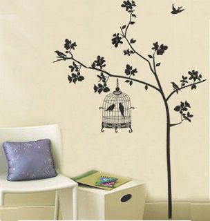 Black Birdcage Bird Tree Branch Removable Wall Sticker Home Decor 